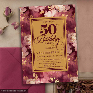 Chic Boho Marsala Gold Flowers 50th Birthday  Invitation
