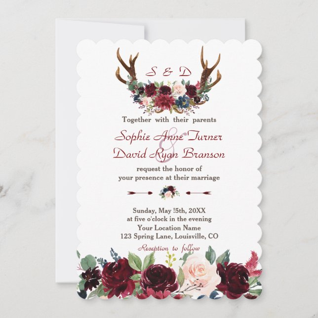 Chic Boho Merlot Navy Blue Floral Antlers Wedding Invitation (Front)