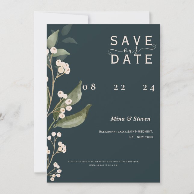 Chic Boho Minimalist Botanical green save the date Invitation (Front)