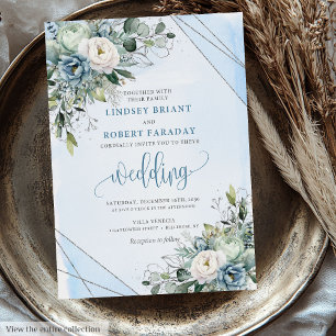 Chic Boho Pastel Blue Silver Flowers Wedding  Invitation