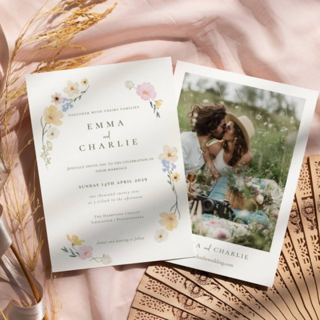 Chic Boho Pastel floral Photo Wedding Invitation (Creator Uploaded)