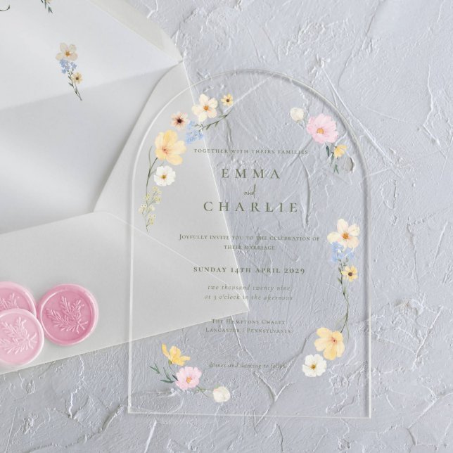 Chic Boho Pastel Wildflowers Spring Summer Wedding Acrylic Invitations (Creator Uploaded)