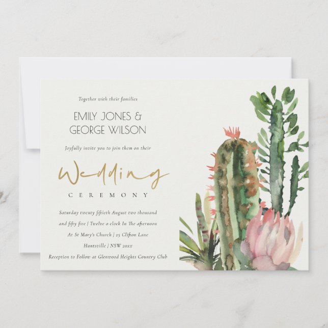CHIC BOHO PINK FLORAL CACTI FOLIAGE WEDDING INVITATION (Front)