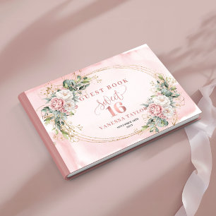 Chic Boho Pink Floral Greenery 16th Birthday Sign Guest Book