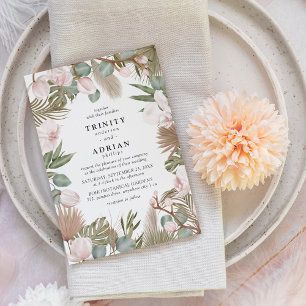 Chic Boho Pink Orchids & Dried Leaves Wedding Invitation