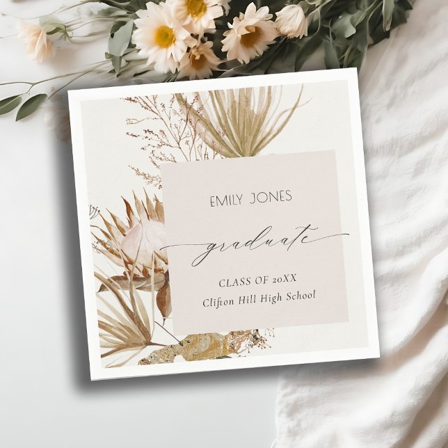 Chic Boho Protea Dry Palm Floral Photo Graduation Napkin (Creator Uploaded)