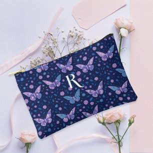 Chic Boho Purple Butterfly Pattern Monogram Accessory Pouch