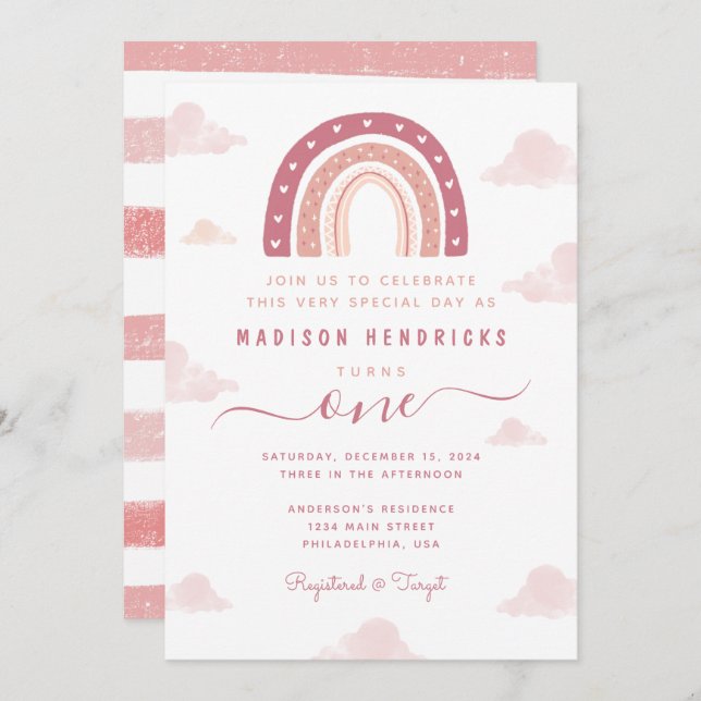 Chic Boho Rainbow and Clouds Pastel Pink Birthday Invitation (Front/Back)