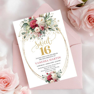 Chic Boho Red Burgundy Greenery Sweet 16 Birthday Invitation