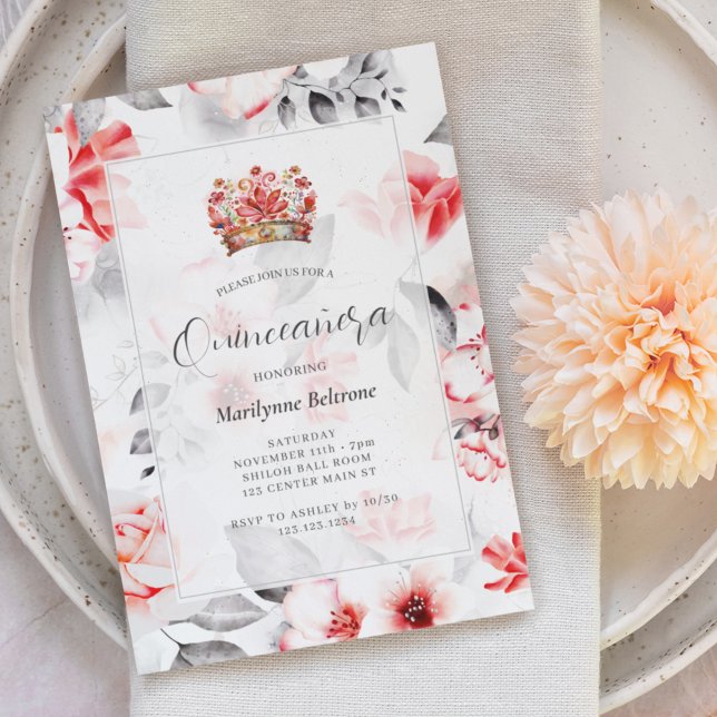 Chic Boho Red Floral Quinceañera Invitation (Creator Uploaded)