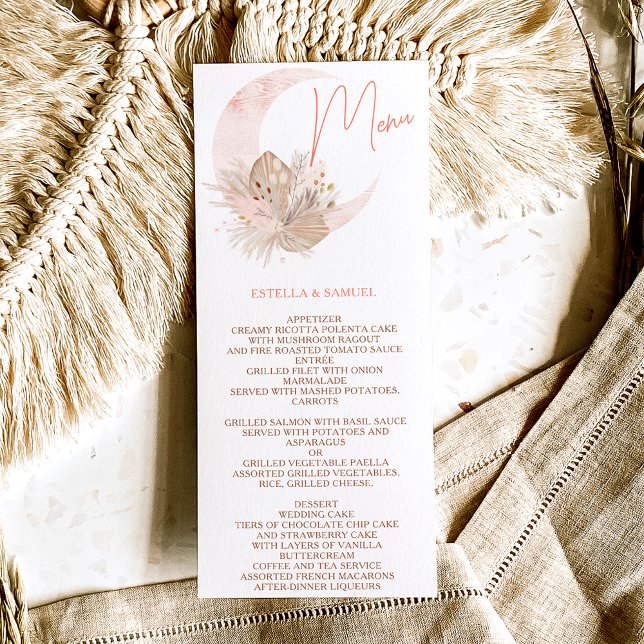 Chic boho rustic pampas floral moon wedding menu (Creator Uploaded)