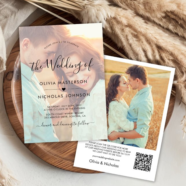 Chic Boho Script Photo Overlay QR Code Wedding Invitation (Creator Uploaded)