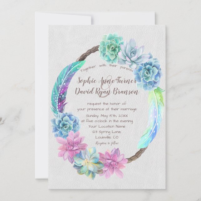 Chic Boho Succulent Cactus Feathers Wreath Wedding Invitation (Front)