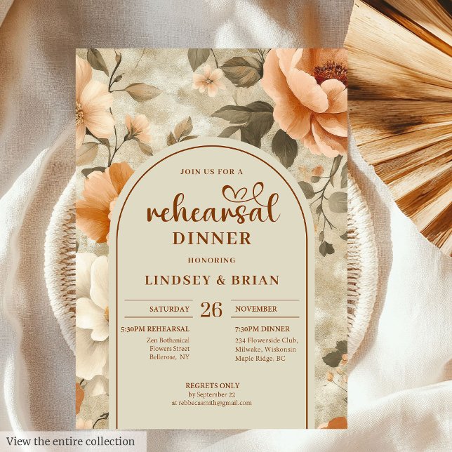 Chic Boho Terra Cotta Ivory Sage Floral Rehearsal Invitation (Chic Rusty Beige Olive Floral Rehearsal Invitation)
