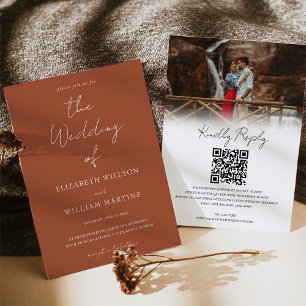 Chic Boho Terracota QR Code RSVP Photo Wedding Invitation