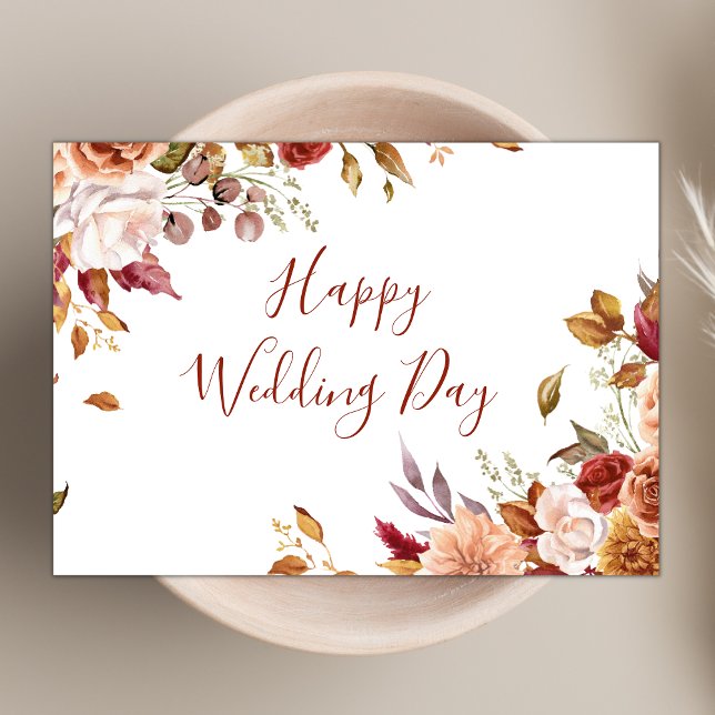 Chic Boho Terracotta Floral Happy Wedding Day Card (Creator Uploaded)