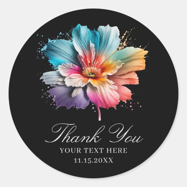 Chic Boho Trendy Elegant Rainbow Floral Thank You Classic Round Sticker (Front)