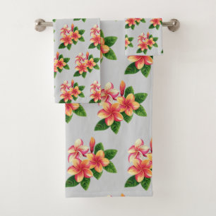 Chic Boho Tropical Pink Flowers on Grey Bath Towel Set