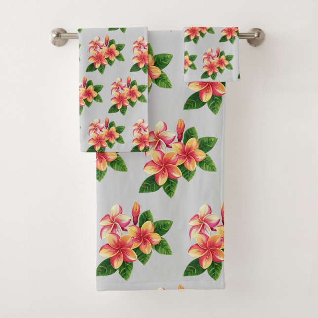 Chic Boho Tropical Pink Flowers on Grey Bath Towel Set (Insitu)