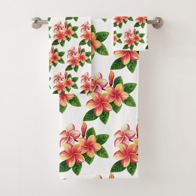 Chic Boho Tropical Pink Flowers on White Bath Towel Set (Insitu)