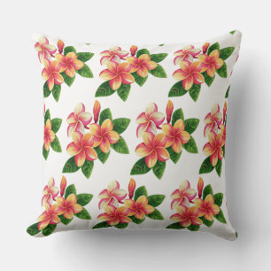 Chic Boho Tropical Pink Flowers on White Cushion