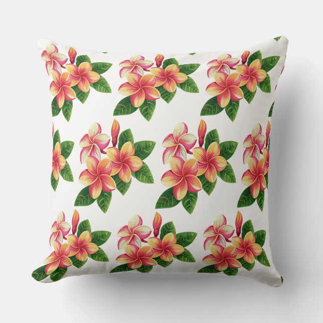 Chic Boho Tropical Pink Flowers on White Cushion (Front)