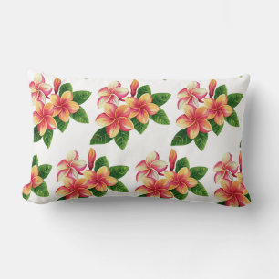 Chic Boho Tropical Pink Flowers on White Lumbar Cushion