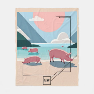 Chic boho vector pigs at the beach monogram fleece blanket
