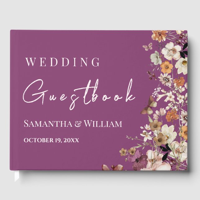 Chic Boho Wildflower Rustic Berry Purple Wedding Guest Book (Front)