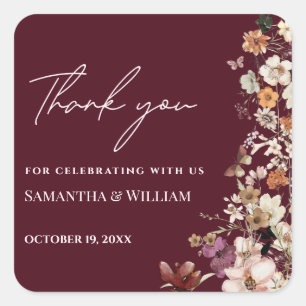 Chic Boho Wildflower Rustic Burgundy Wedding Square Sticker