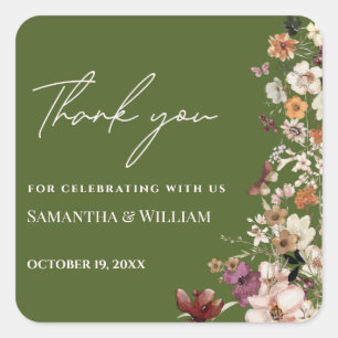 Chic Boho Wildflower Rustic Moss Green Wedding Square Sticker