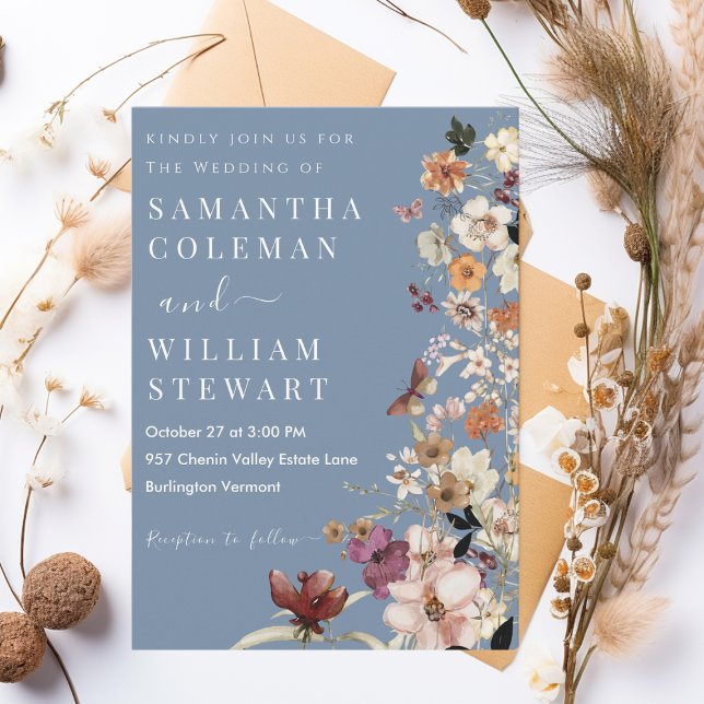 Chic Boho Wildflower Rustic Periwinkle Wedding Invitation (Creator Uploaded)
