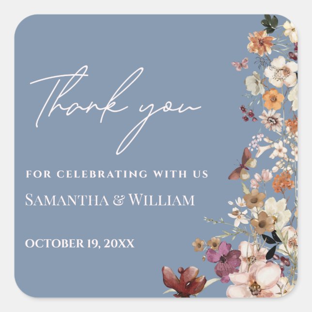 Chic Boho Wildflower Rustic Periwinkle Wedding Square Sticker (Front)