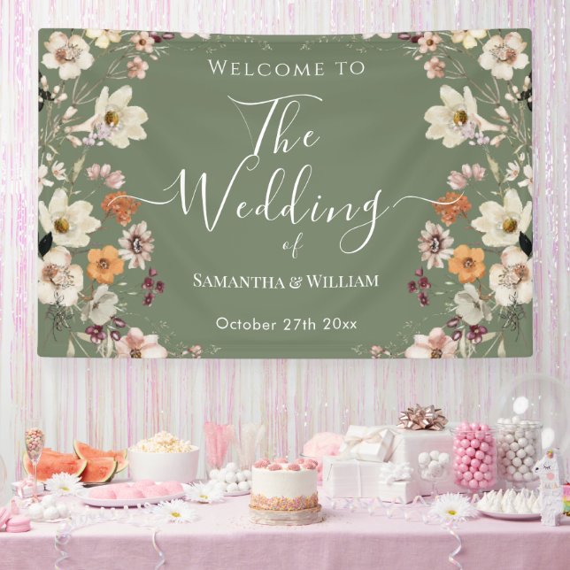 Chic Boho Wildflower Rustic Sage Green Wedding Banner (Party)