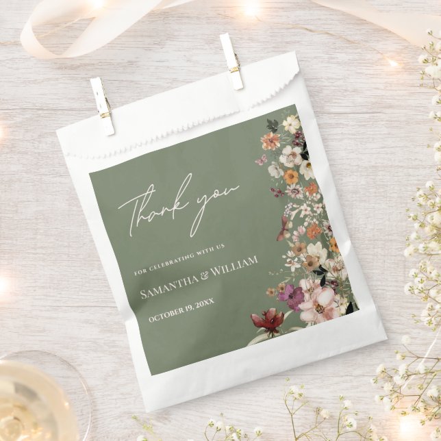 Chic Boho Wildflower Rustic Sage Green Wedding Favour Bag (Clipped)