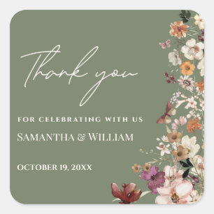 Chic Boho Wildflower Rustic Sage Green Wedding Square Sticker