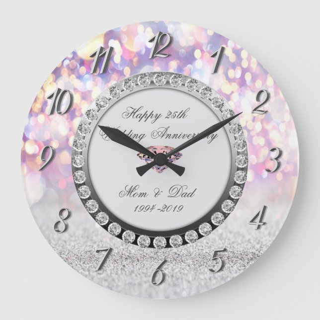 Chic Bokeh Diamonds 25th Wedding Anniversary Large Clock (Front)