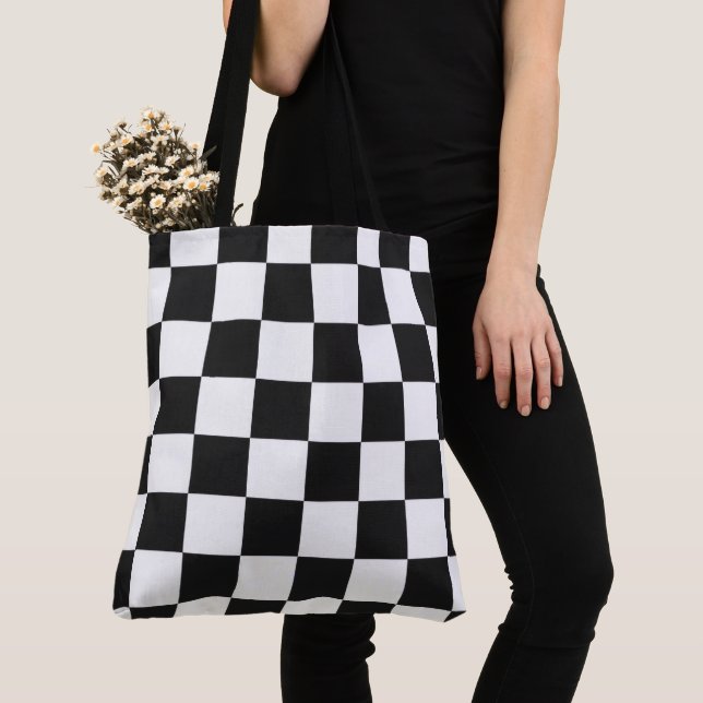 Chic Bold Black and White Chequered Pattern Tote Bag (Close Up)