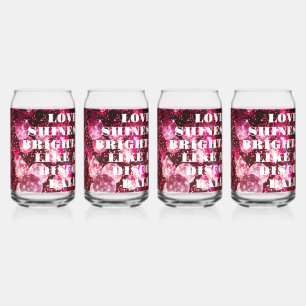 Chic Bold Pink Glitter Retro Disco Balls Wedding Can Glass