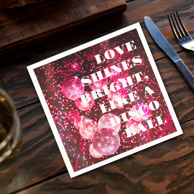 Chic Bold Pink Glitter Retro Disco Balls Wedding Napkin (Front)