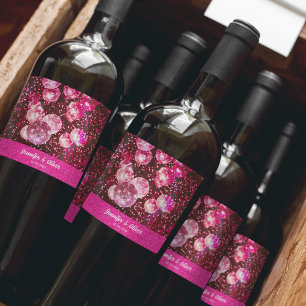 Chic Bold Pink Glitter Retro Disco Balls Wedding Wine Label