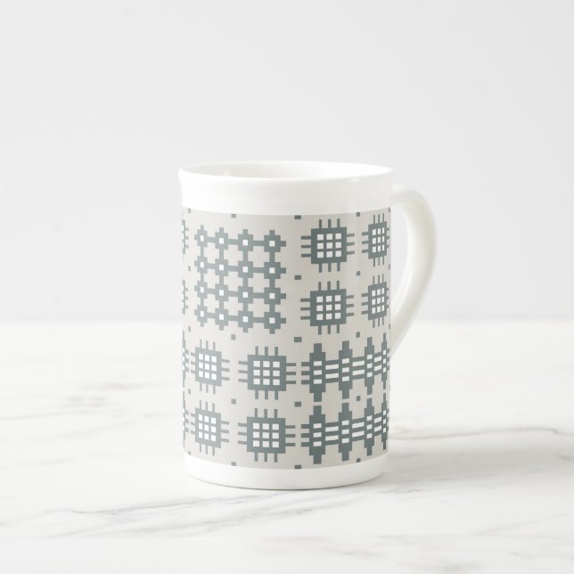 Chic Bone China Mug: Welsh Tapestry Pattern, Grey Bone China Mug (Front Right)