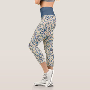 Chic Botanical Blue and Cream Pattern Capri Leggings