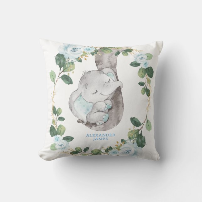 Chic Botanical Blue Floral Elephant Boy Nursery Cushion (Front)