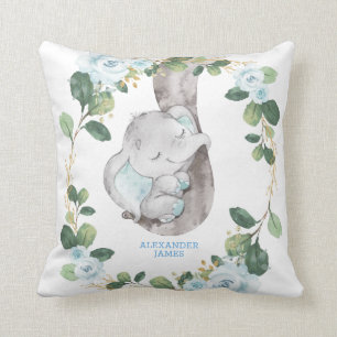 Chic Botanical Blue Floral Elephant Boy Nursery Cushion