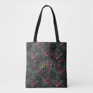 Chic Botanical Floral Deep Emerald Plum Design Tote Bag