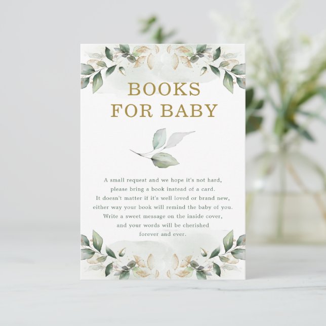 Chic Botanical Greenery Gold Books for Baby Shower Enclosure Card (Standing Front)