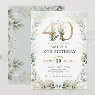 Chic Botanical Greenery Gold Garden 40th Birthday Invitation