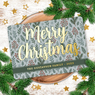 Chic Botanical Holly Berry Floral Pattern Gold Foil Holiday Card