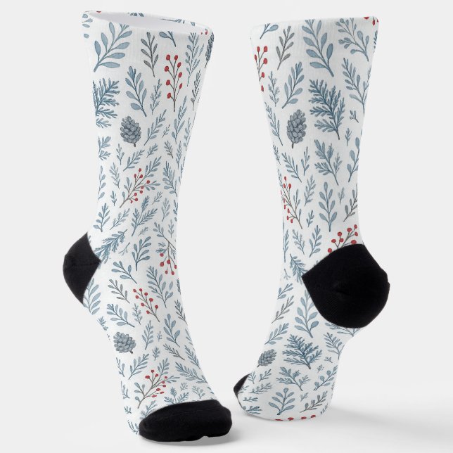 Chic Botanical Holly Berry Floral Pattern Socks (Angled)